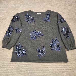Chicos Wool Blend Sequin Sweater Women 3 XL Gray Blue Sparkle Holiday 3/4 Sleeve